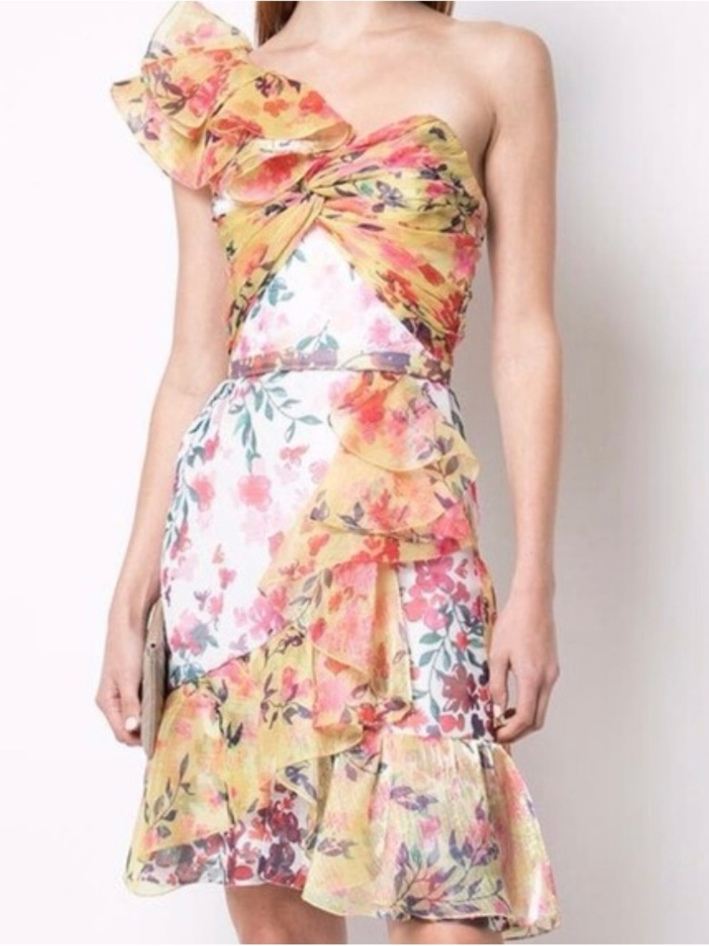Marchesa Notte One-Shoulder Floral Ruffle Colorblock Mini Party Event Dress